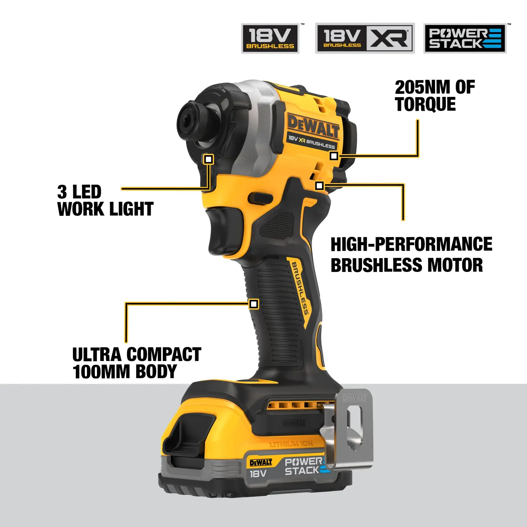 DEWALT® 18V XR® Brushless Compact Impact Driver - 2 X 1.7Ah POWERSTACK Battery