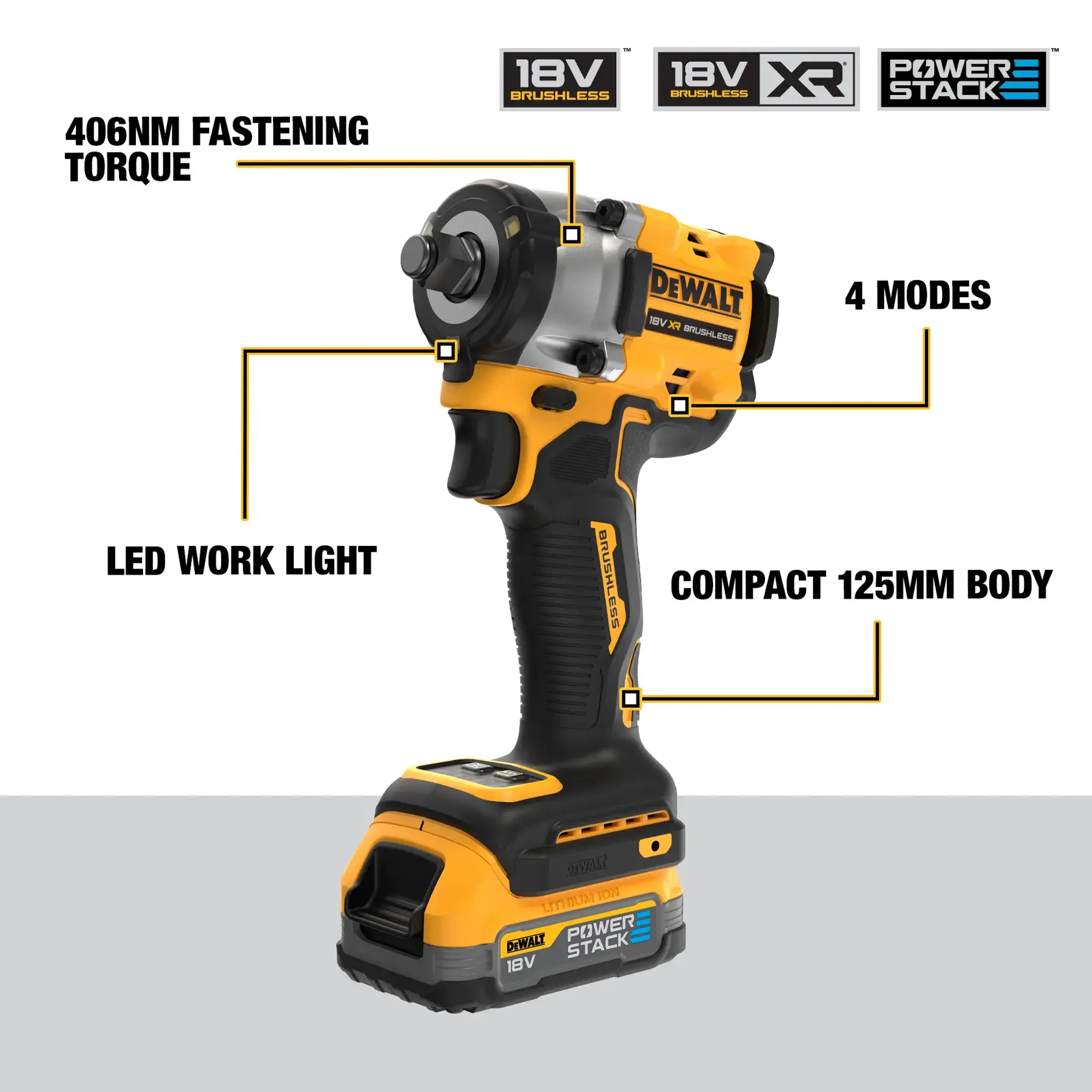 DEWALT® 18V XR® Brushless 1/2" Hog Ring Compact Impact Wrench - 2 X 1.7Ah POWERSTACK Battery