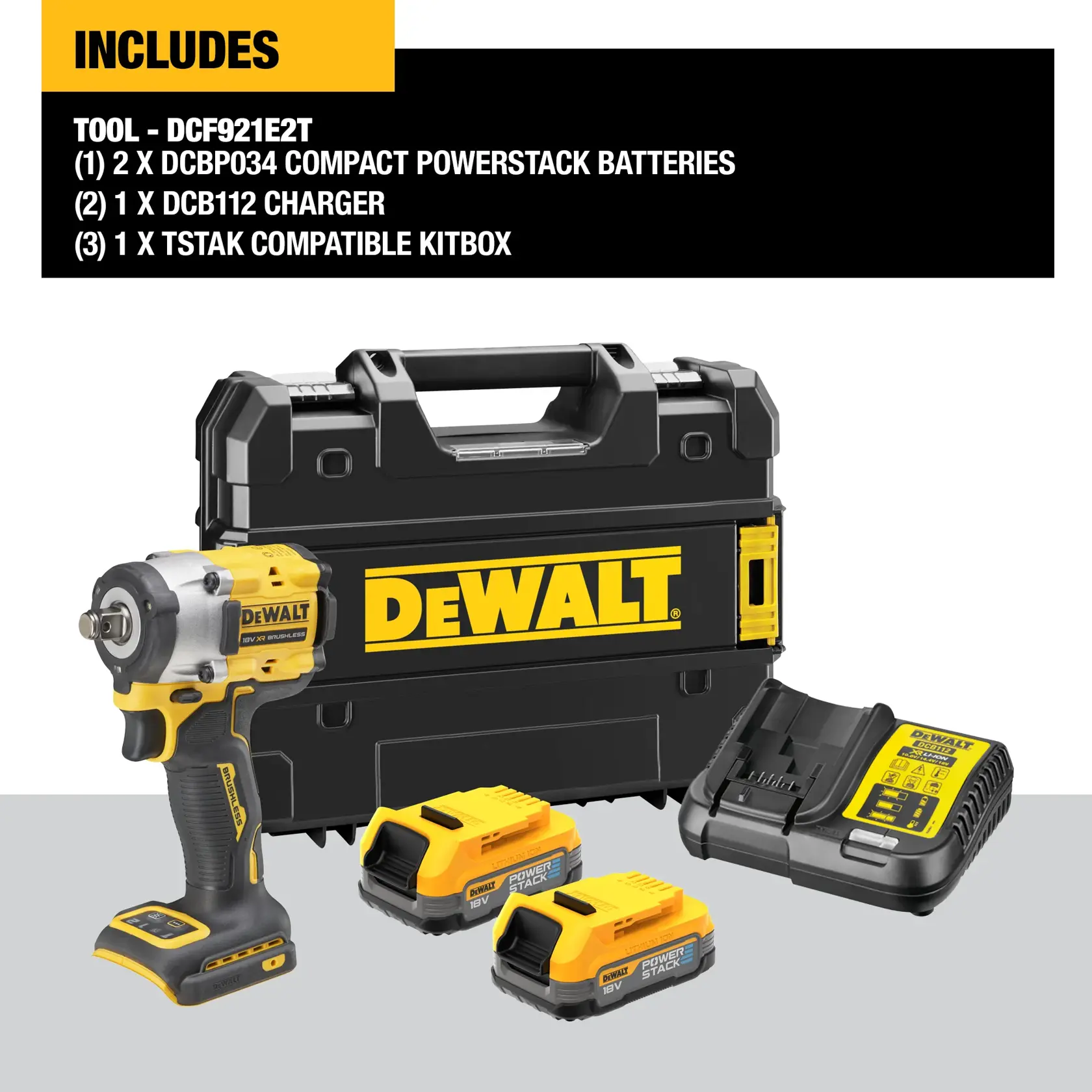 DEWALT® 18V XR® Brushless 1/2" Hog Ring Compact Impact Wrench - 2 X 1.7Ah POWERSTACK Battery