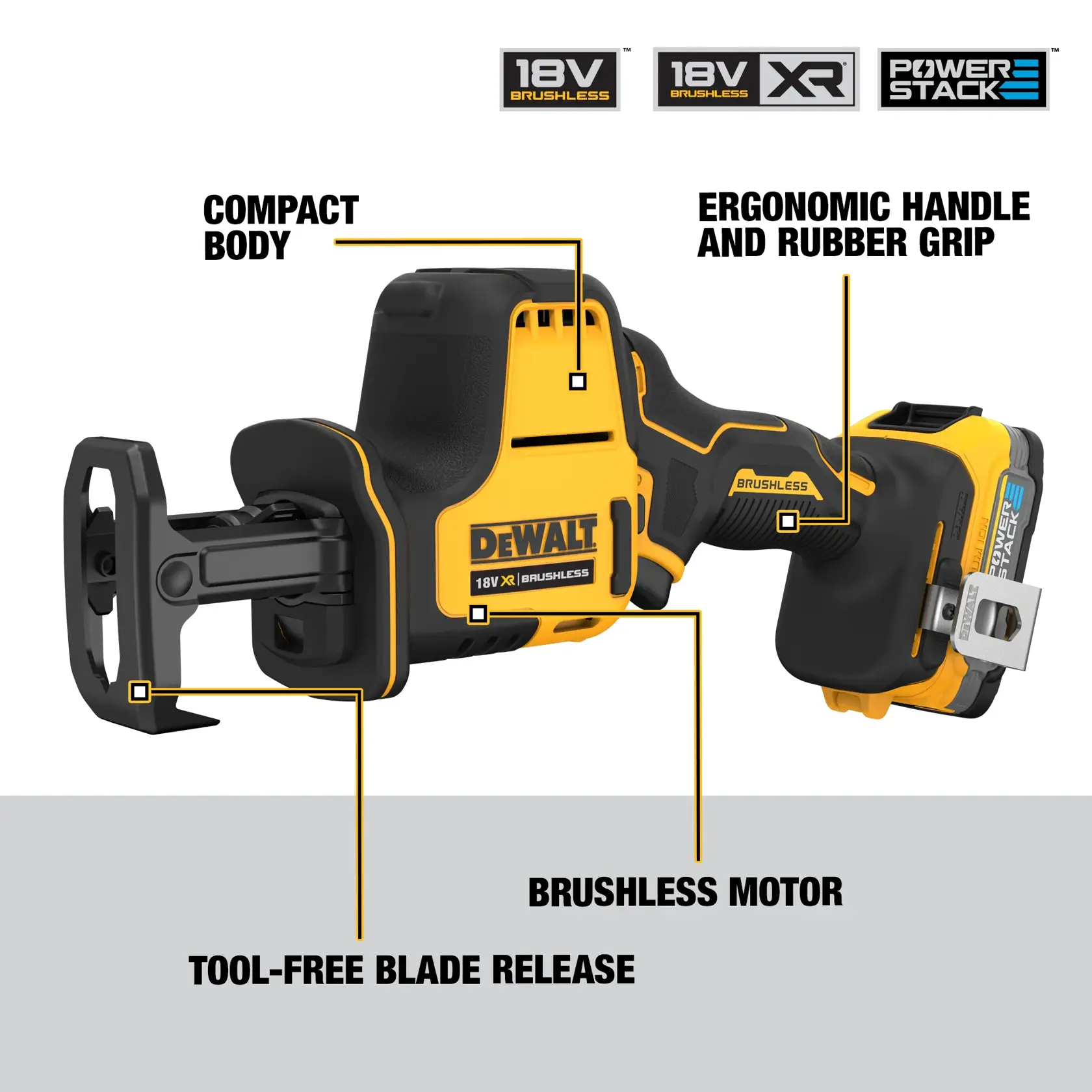 DEWALT® 18V XR® Brushless Sub Compact Reciprocating Saw - 1 x POWERSTACK Compact