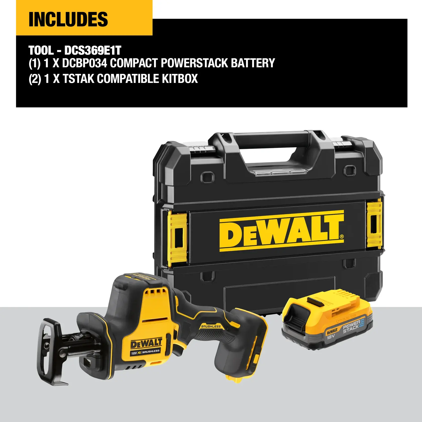 DEWALT® 18V XR® Brushless Sub Compact Reciprocating Saw - 1 x POWERSTACK Compact