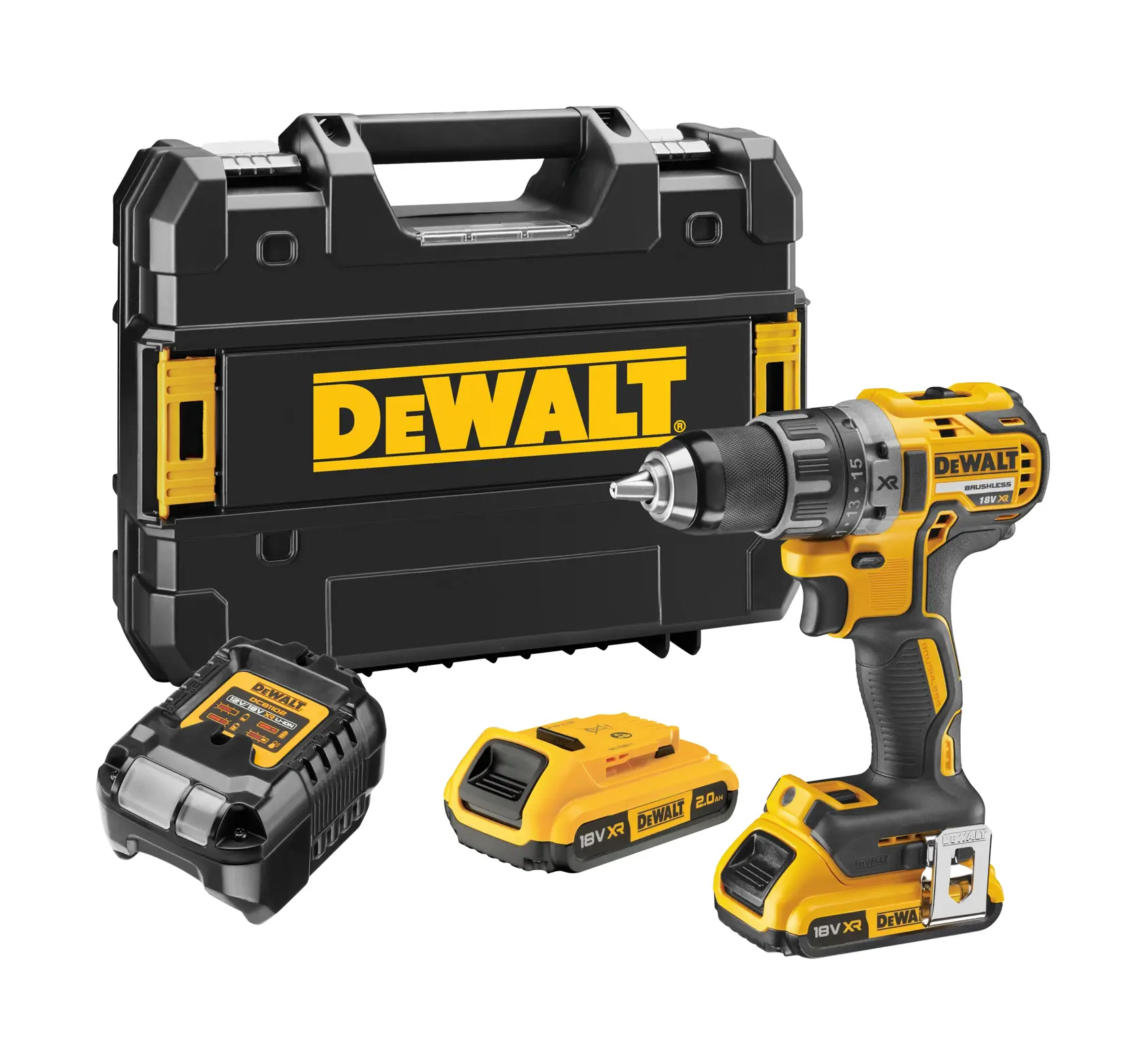 A DeWalt cordless drill kit is shown, including a yellow and black power drill, two rechargeable batteries, a battery charger, and a hard carrying case with the DeWalt logo.