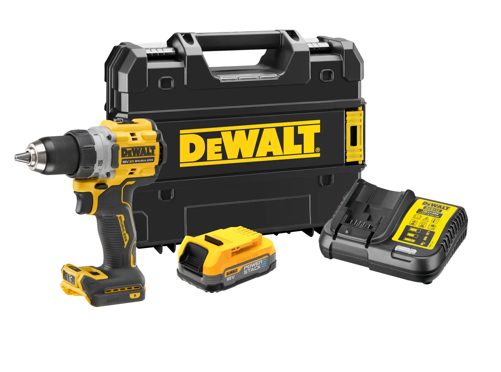DEWALT cordless drill kit including a yellow and black drill, a battery, a charger, and a hard carrying case with the DEWALT logo.