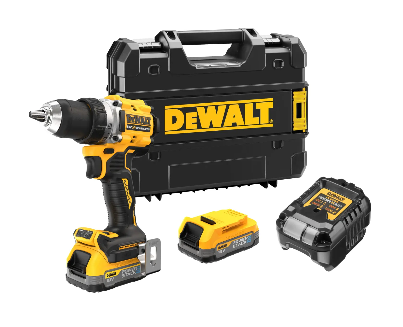 A DEWALT 18V cordless drill set with carrying case, two POWERSTACK batteries, and a charger, displayed on a white background.