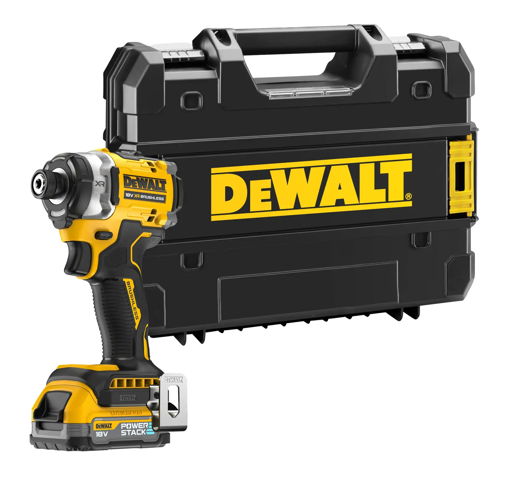 A DEWALT 18V XR brushless cordless impact driver with a POWERSTACK battery is positioned in front of a black DEWALT-branded carrying case.