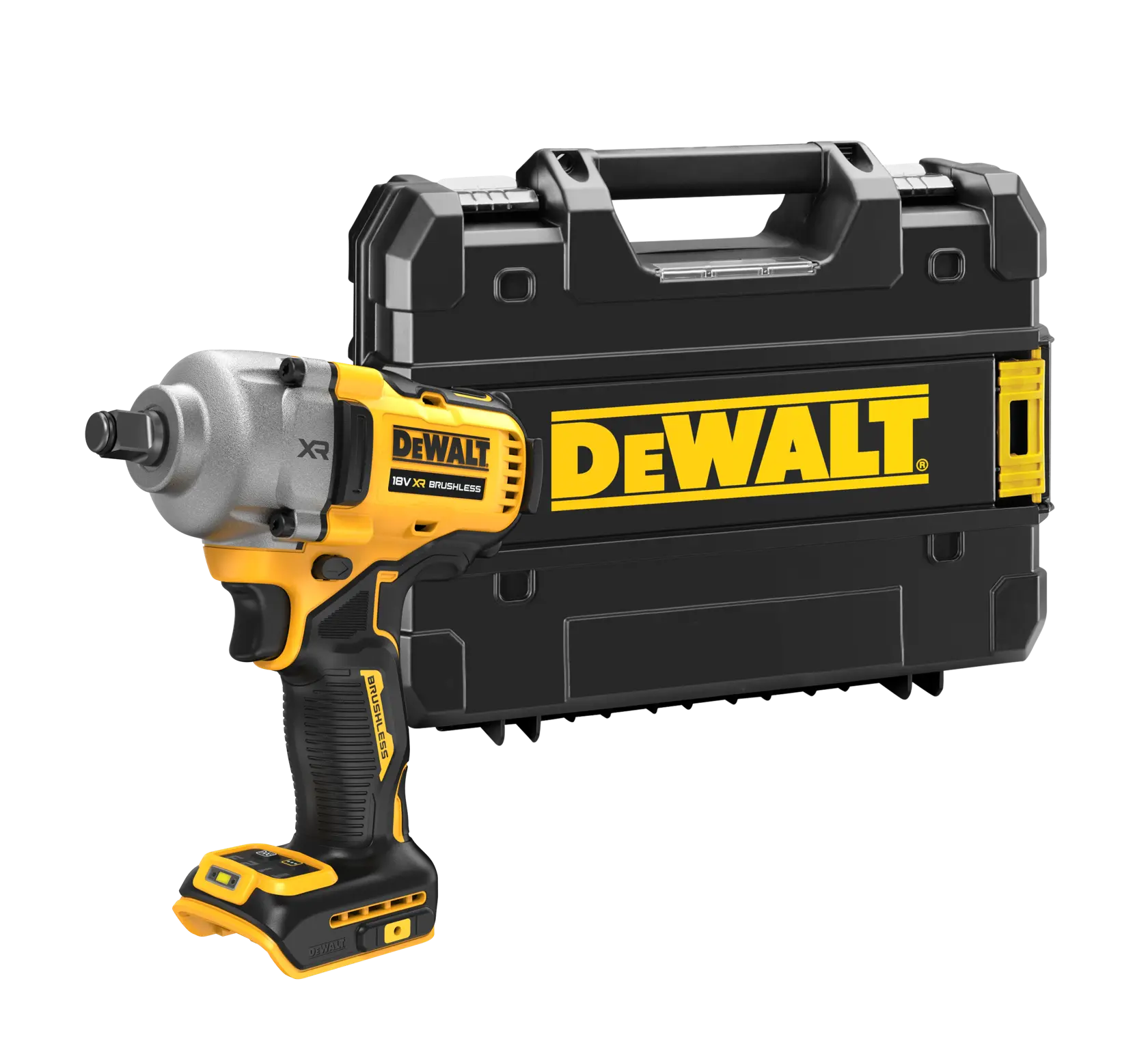 A DEWALT 18V XR Brushless impact wrench positioned in front of a black DEWALT carrying case with yellow accents and branding.