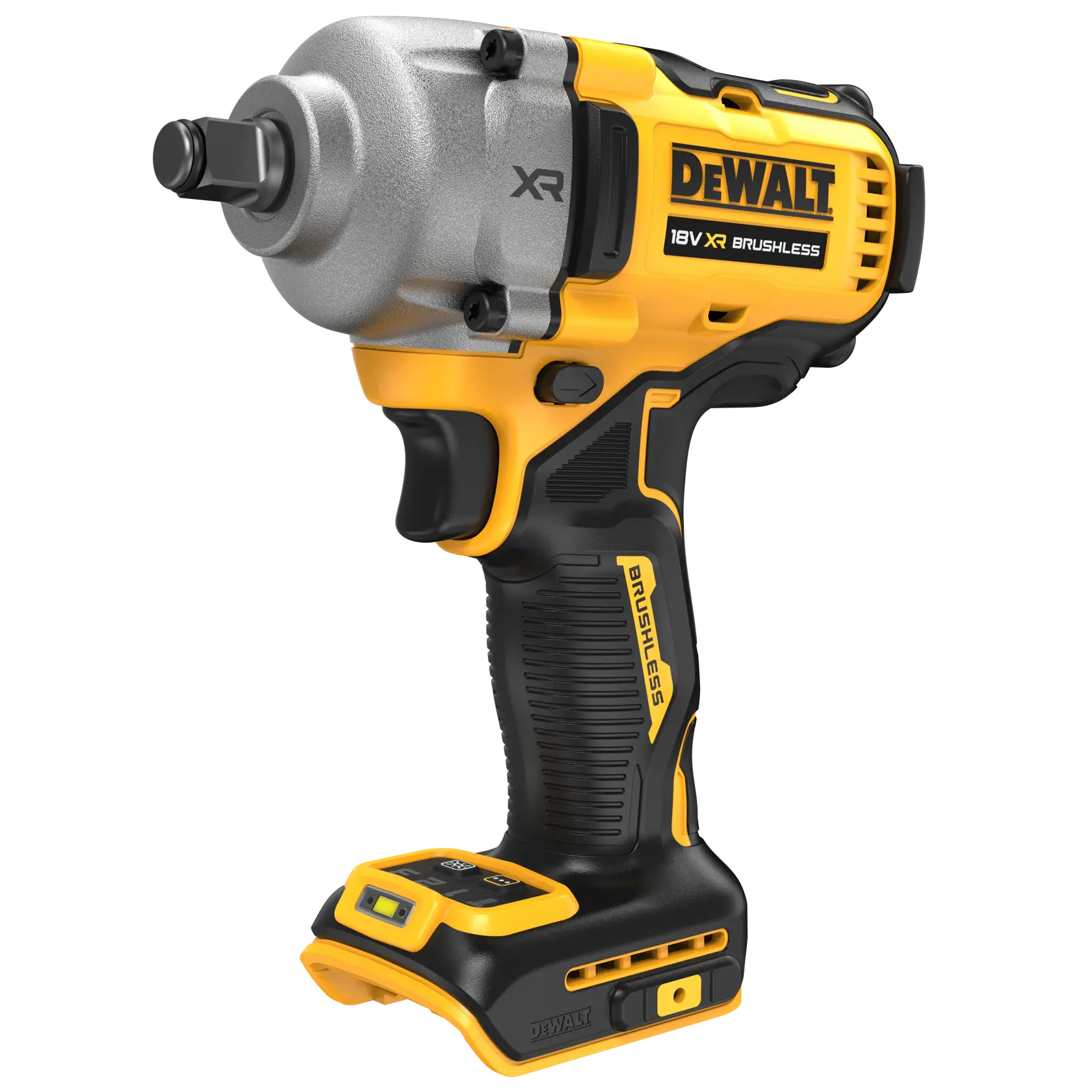 A close-up of a DEWALT 18V XR brushless impact wrench, showing its yellow and black design with a comfortable grip and the brand logo on the side.