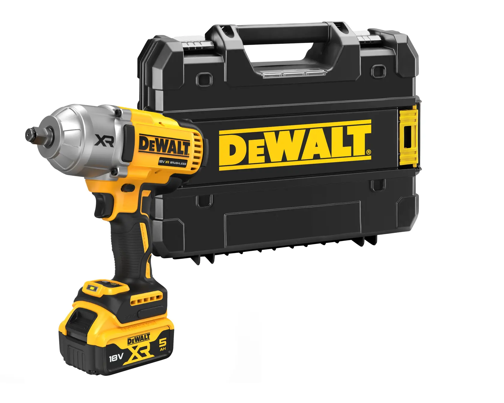 A DEWALT 18V XR cordless impact wrench with a battery, shown in front of a black and yellow DEWALT carrying case.