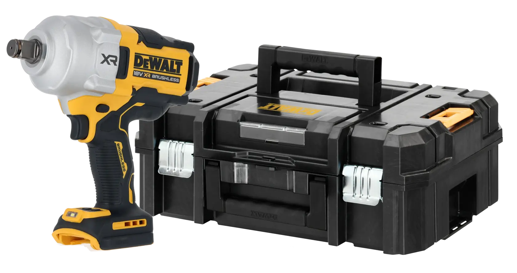 A DEWALT 18V XR brushless impact wrench tool placed next to a black DEWALT toolbox with metal latches and a top handle, photographed on a white background.