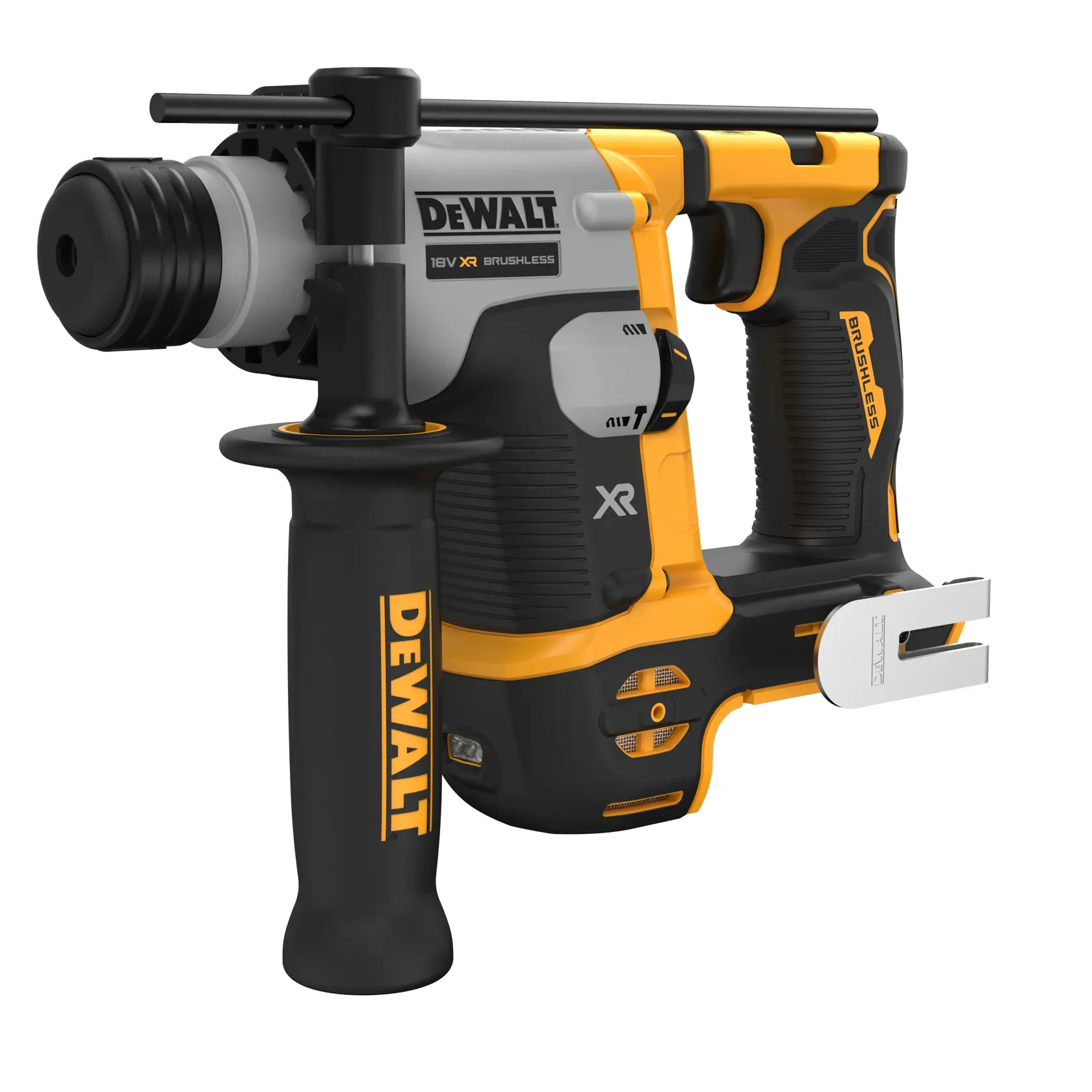 A DEWALT 18V XR brushless rotary hammer drill with a black and yellow design, featuring a side handle and tool holder.