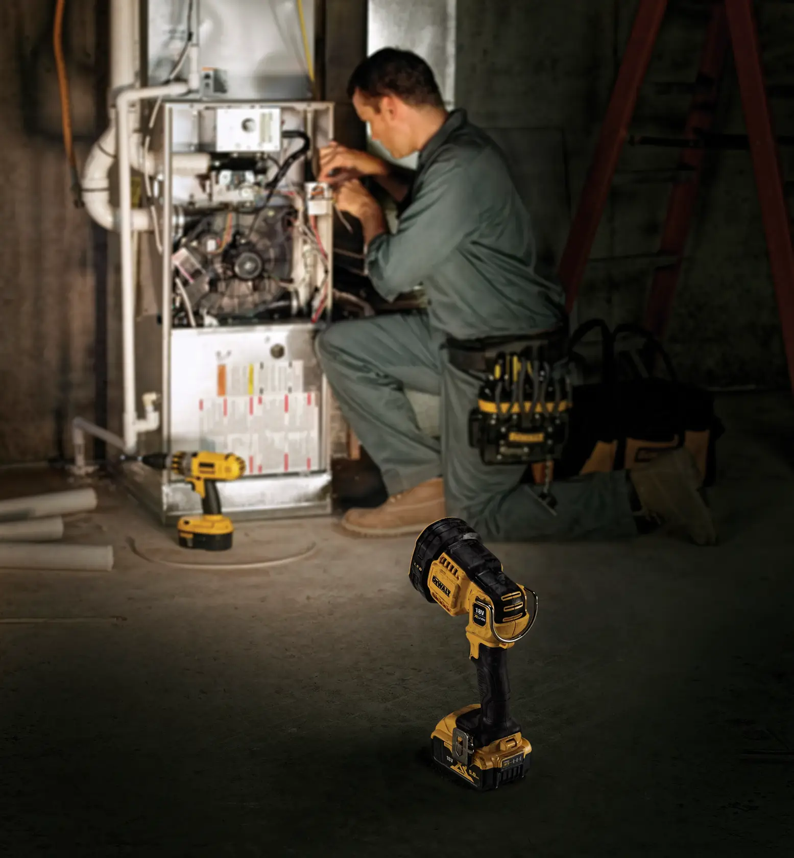 A DeWALT 20V MAX LED handheld work light with a yellow and black design. The device has a sturdy grip handle, a metal hook for hanging, and a large LED lamp head.