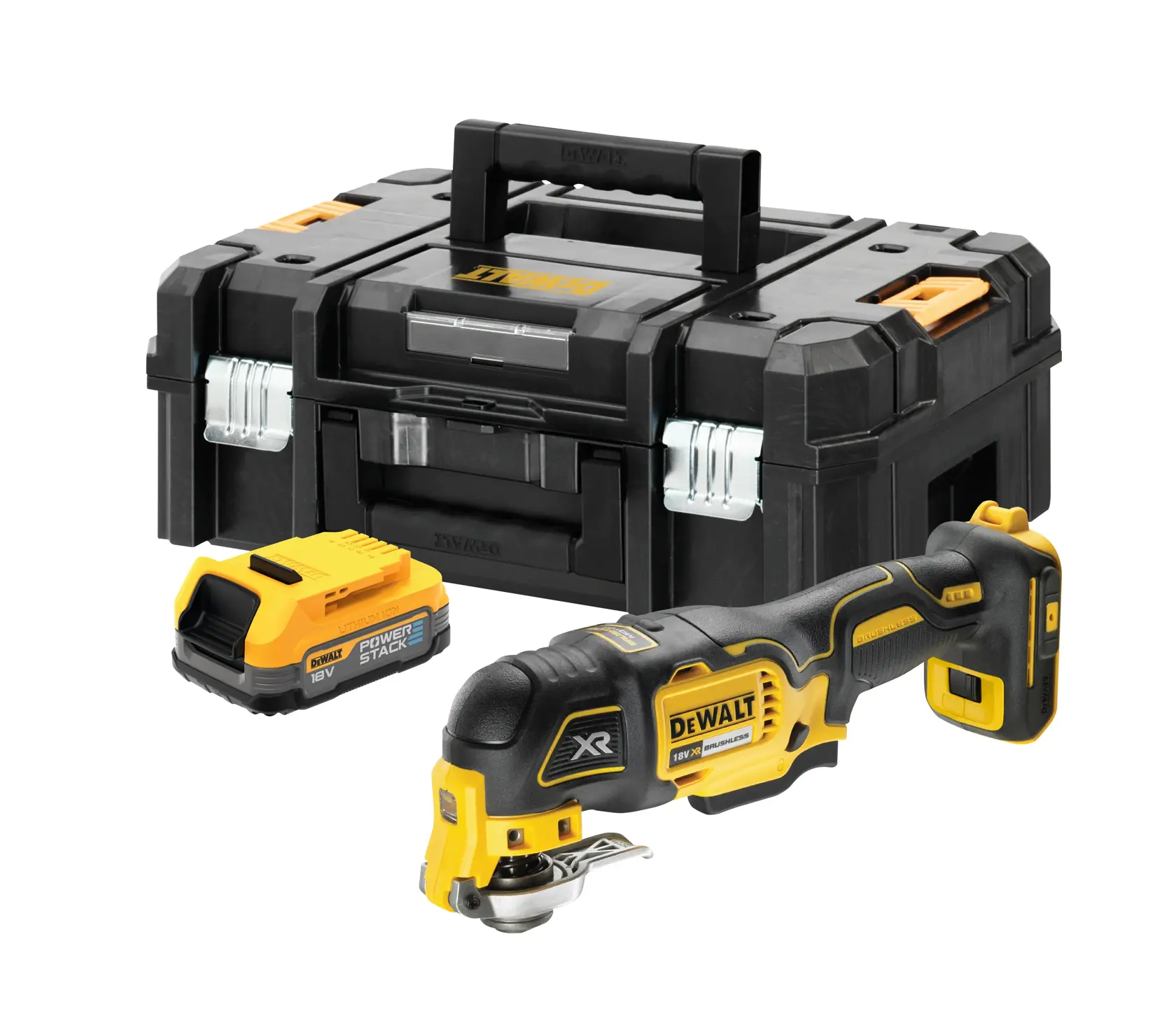 DEWALT cordless oscillating multi-tool kit, including a black and yellow multi-tool, a POWERSTACK 18V battery, and a durable black carrying case.