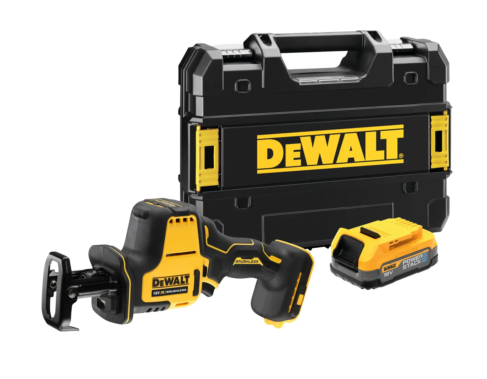 A DEWALT cordless reciprocating saw kit including a yellow and black reciprocating saw, a rechargeable battery, and a sturdy black carrying case with yellow accents.