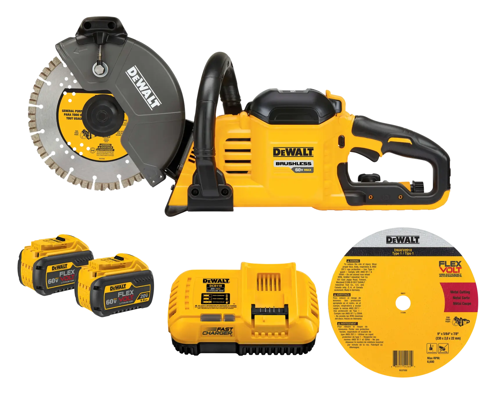 DEWALT cordless brushless power saw kit, including a circular saw with a segmented cutting blade, two FLEXVOLT 60V/20V rechargeable batteries, a fast charger, and a spare cutting disc, all in yellow and black.