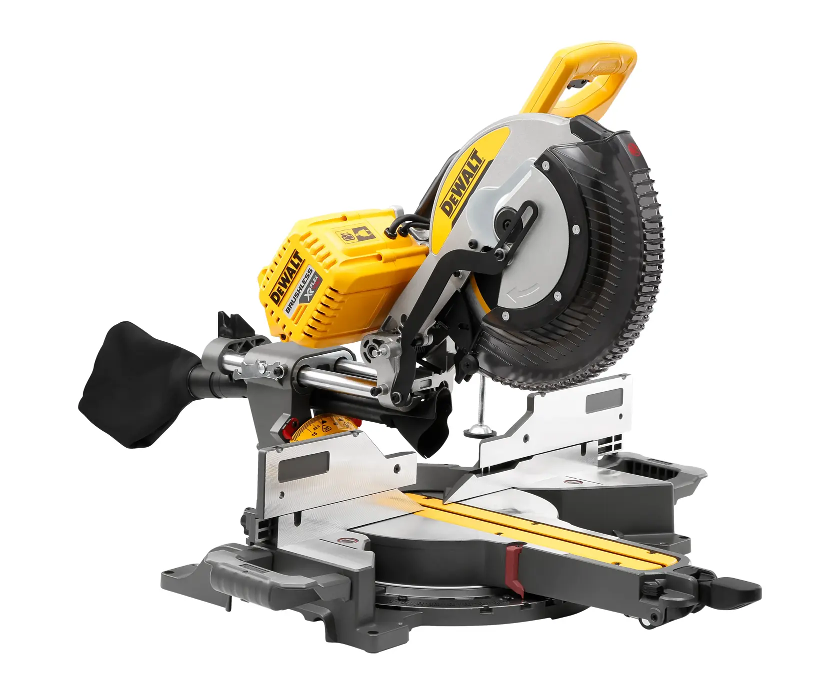 A DEWALT DHS780N sliding compound miter saw, featuring a yellow and black design with a sturdy base and dust collection bag, used for precision wood cutting.