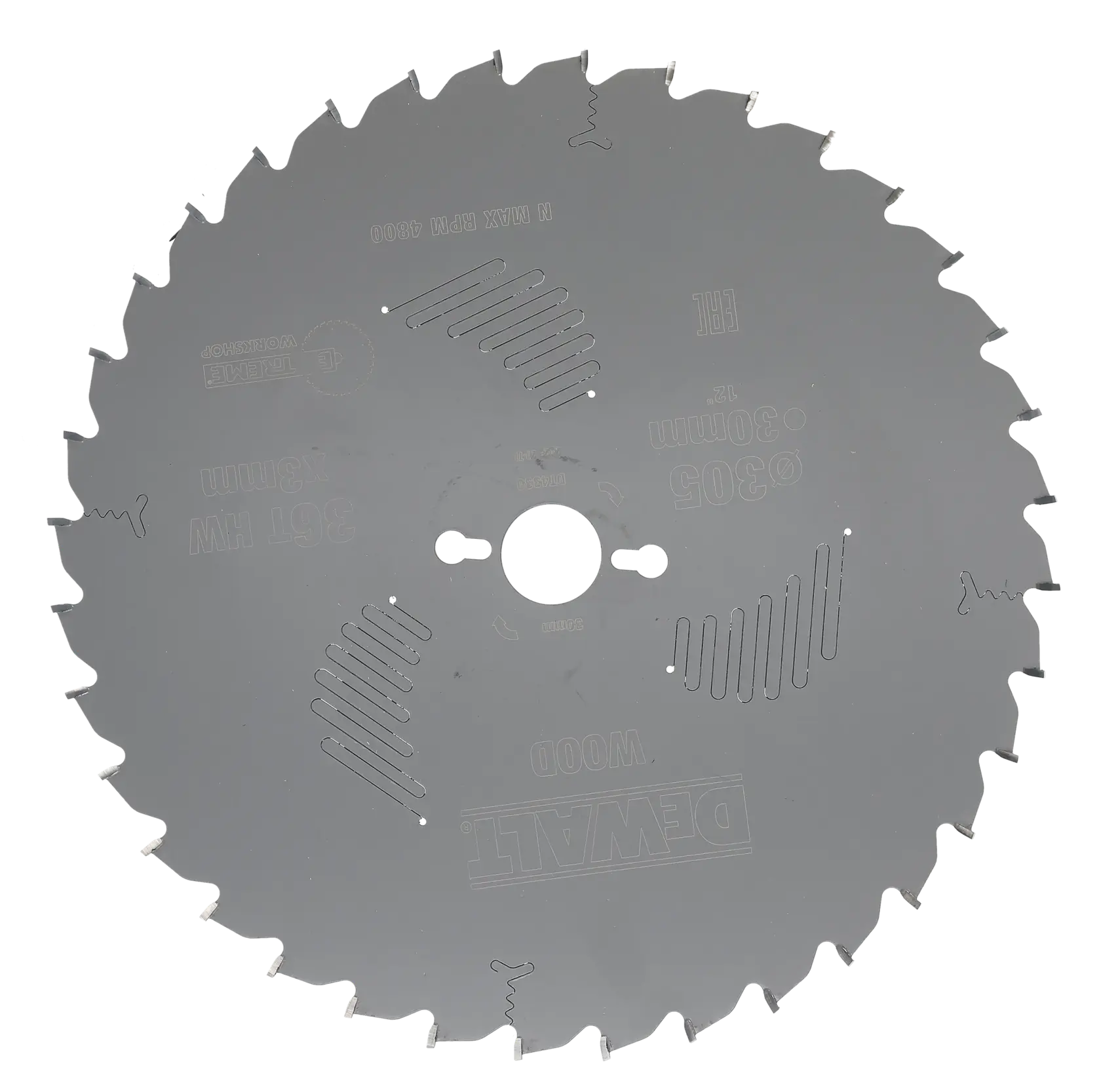 A circular saw blade for wood cutting, branded DEWALT, with multiple sharp teeth around the edge and technical specifications etched onto the surface.
