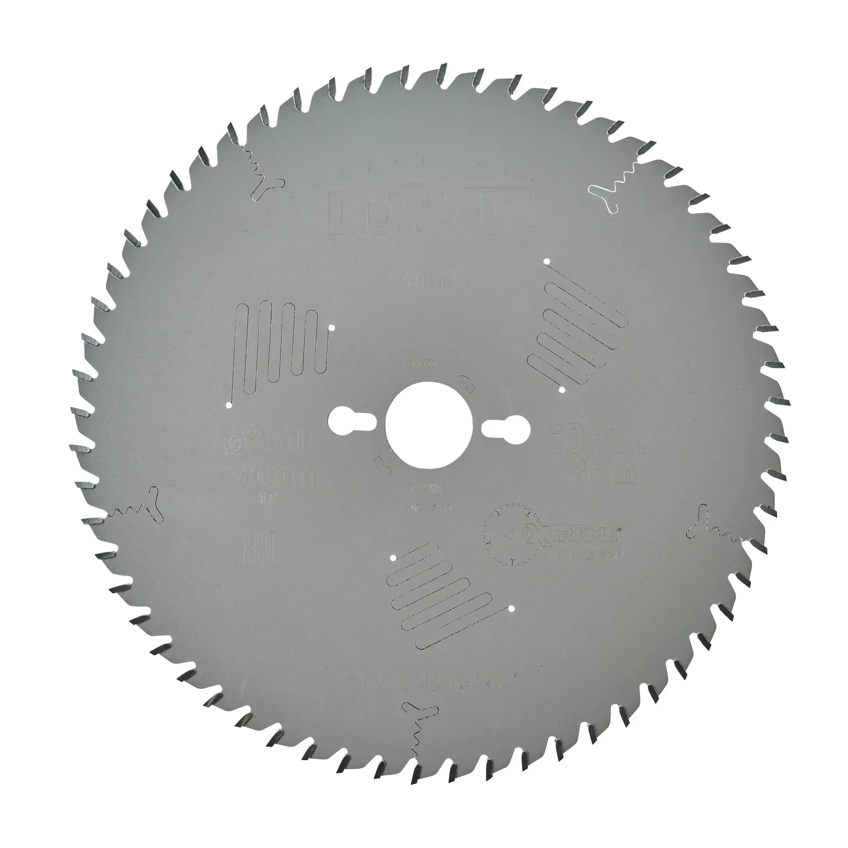 A circular saw blade designed for wood cutting, featuring evenly spaced teeth around its edge and several slots for vibration reduction. The blade is marked with product and manufacturer details.