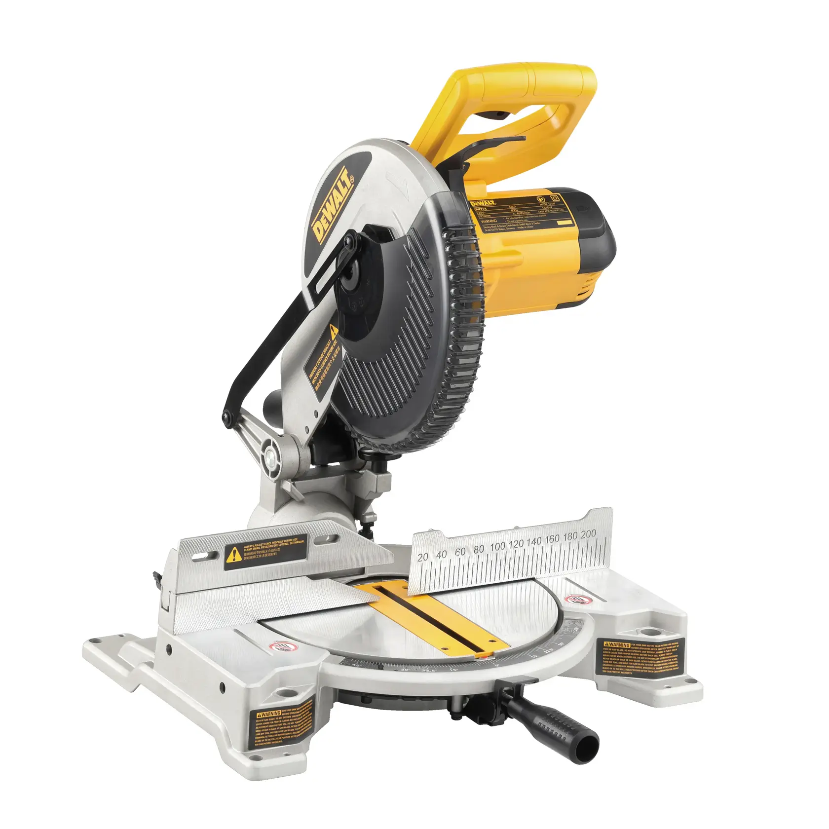 DEWALT DW714 miter saw with yellow handle and angle measurement scale, used for precision wood cutting.