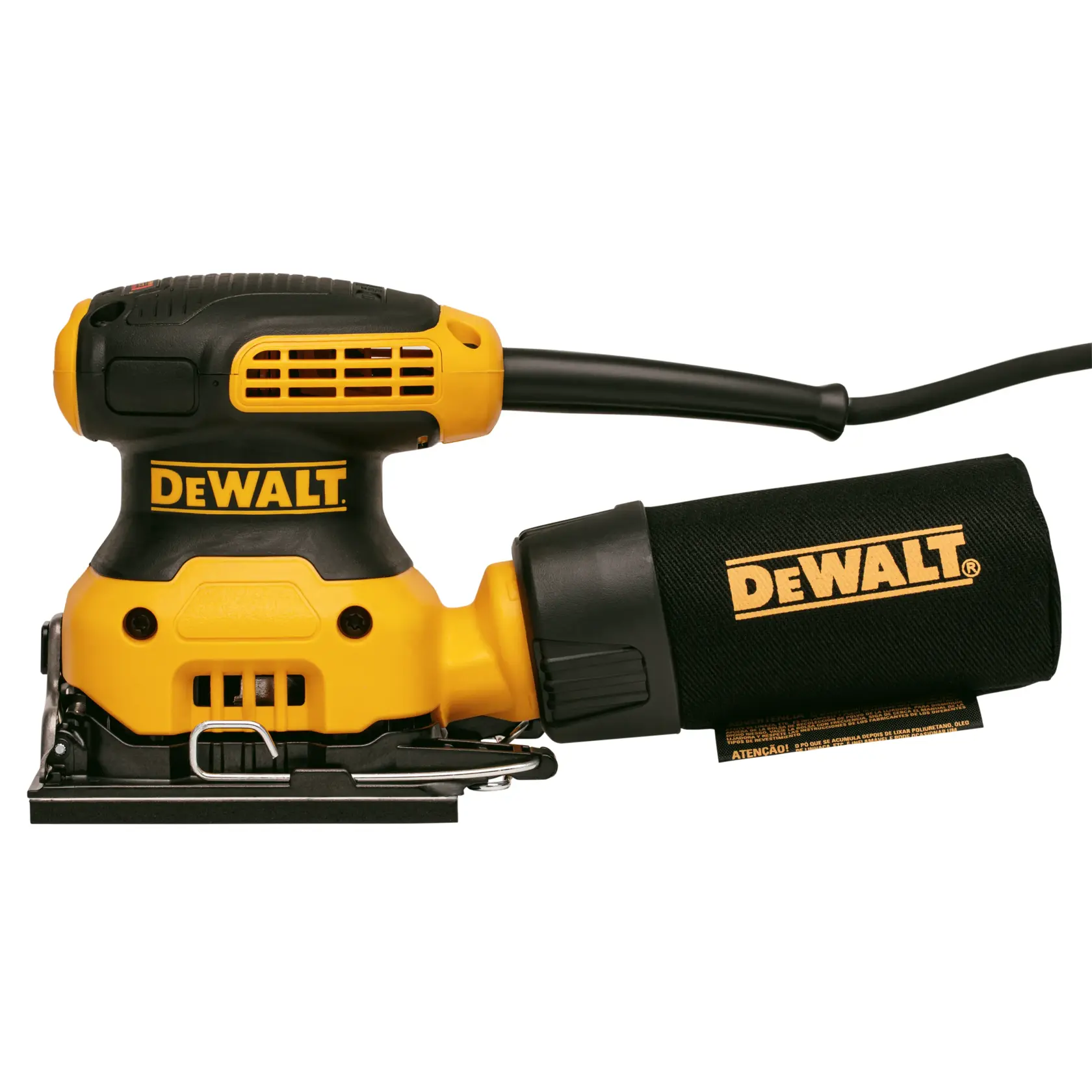 A close-up view of a yellow and black DEWALT electric sander with a cord, designed for sanding surfaces. The tool features a dust extraction port and metal clips for securing sandpaper.