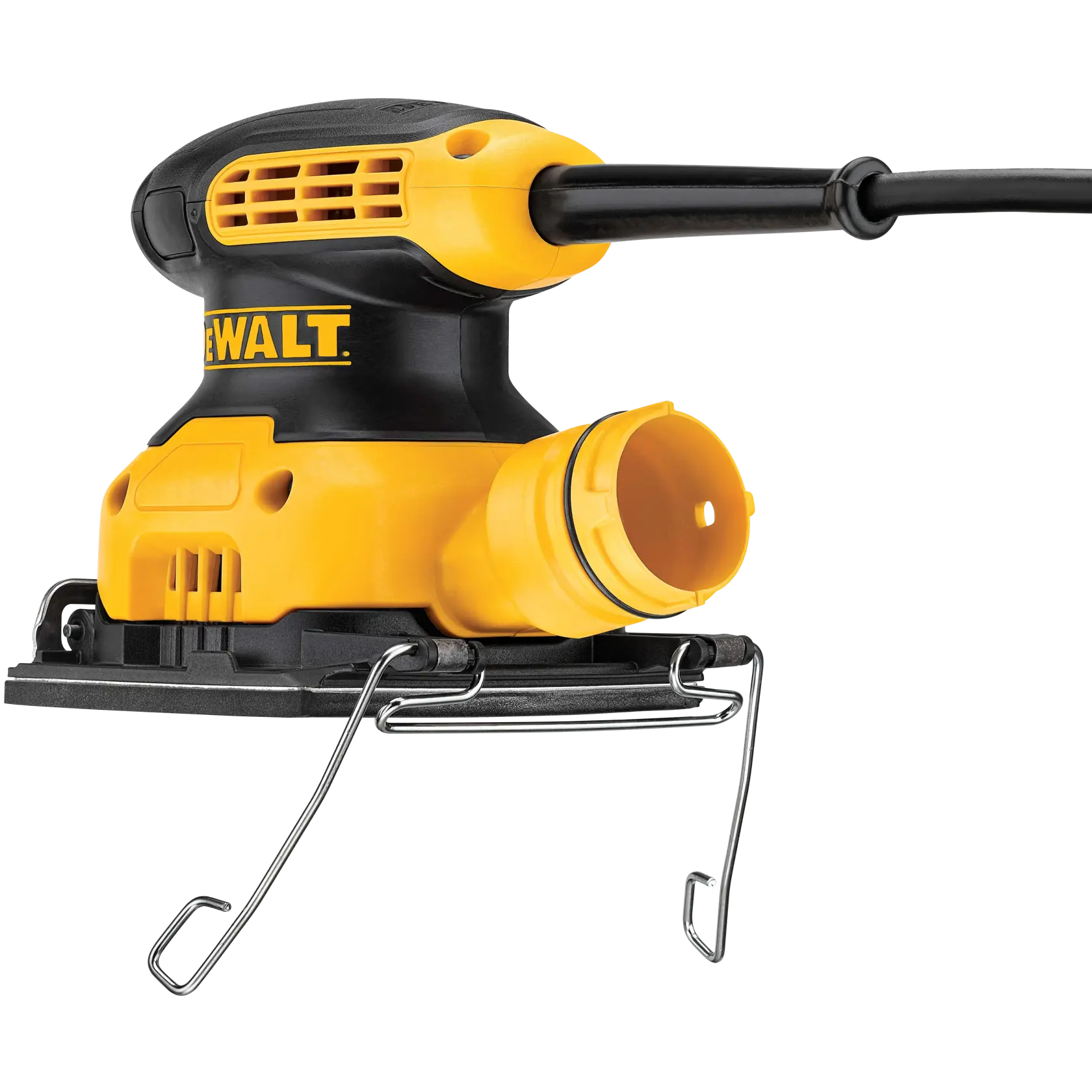 A close-up photo of a person wearing work gloves using a yellow DEWALT palm sander (SKU: DWE6411) to sand the surface of a wooden board outdoors.