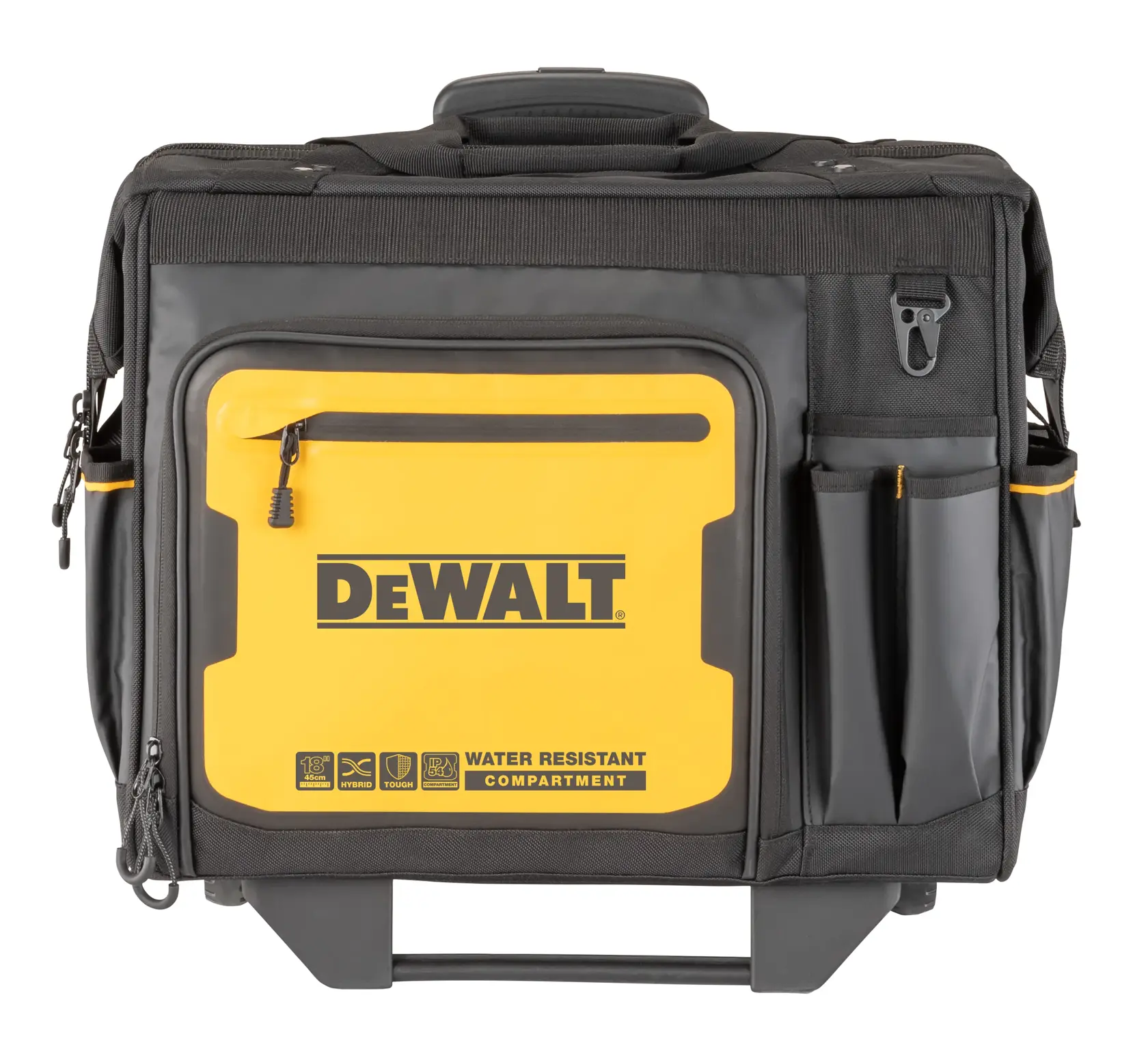 Front view of Dewalt 18" Pro Rolling Tool Bag, with handle collapsed "