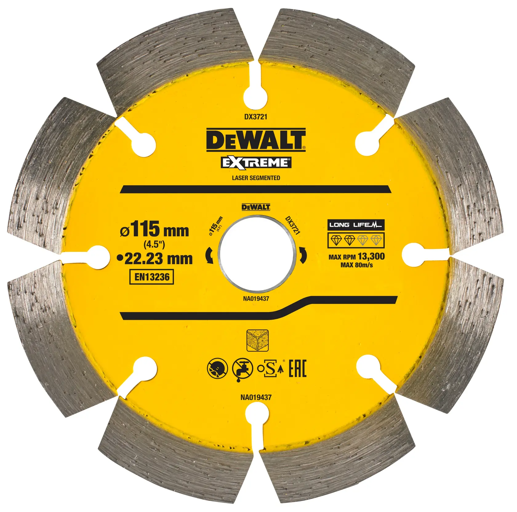 DEWALT DX3721 Extreme laser segmented circular saw blade with a yellow center and silver cutting edges. Diameter is 115 mm (4.5 inches) with a 22.23 mm bore, designed for long life and high RPM up to 13,300. Product markings and certification symbols are visible.