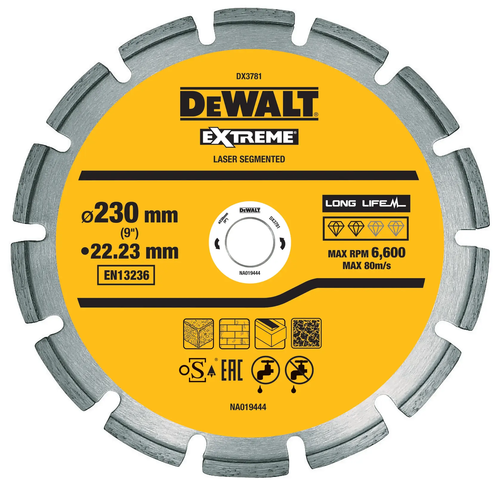 A DEWALT Extreme laser segmented circular saw blade, model DX3781, designed for cutting, measuring 230 mm in diameter and 22.23 mm bore. The blade is yellow with product specifications including EN13236 compliance and usage icons for different materials. Maximum speed is 6,600 RPM or 80 m/s.
