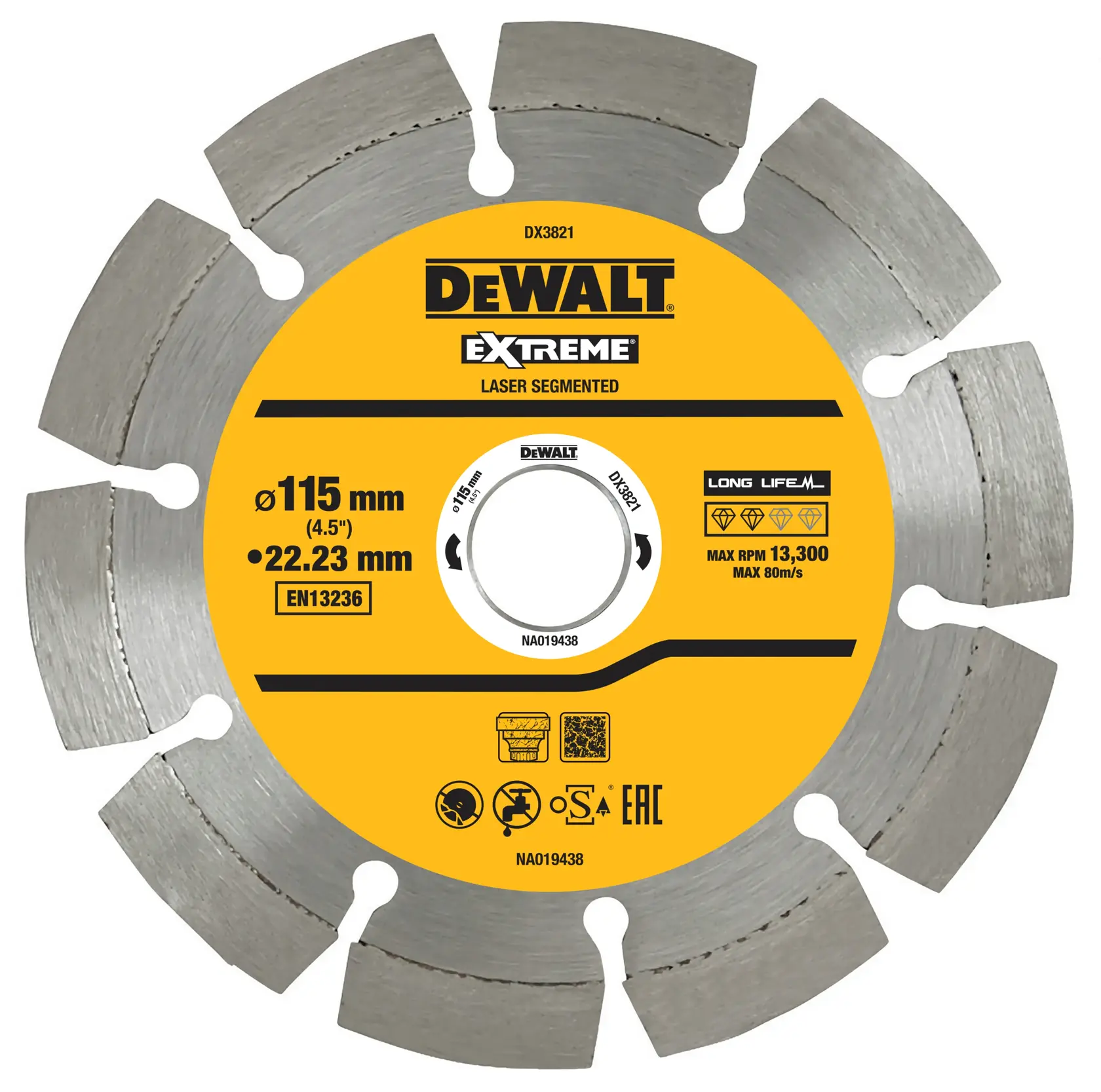 DEWALT Extreme laser segmented circular saw blade, model DX3821, with a diameter of 115 mm and a bore size of 22.23 mm. The blade has a yellow label with specifications printed on it, including maximum RPM of 13,300 and compliance markings. It is designed for long life and durability.