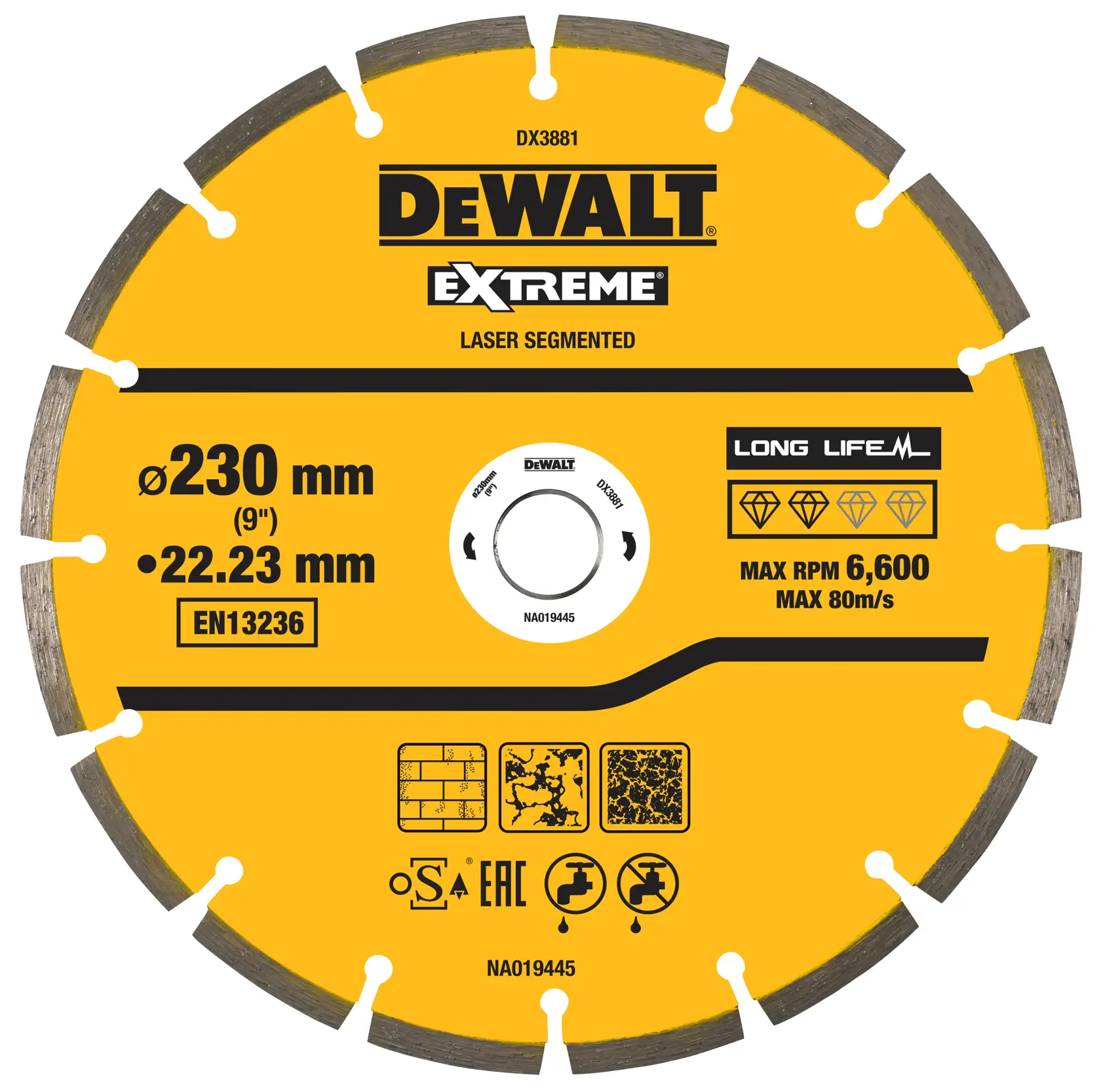 Close-up image of a DEWALT Extreme laser segmented saw blade. The blade is yellow with black text and features specifications such as 230 mm diameter, 22.23 mm arbor size, EN13236 certification, maximum RPM 6,600, and maximum speed 80 m/s. The blade is designed for long life and is suitable for cutting concrete, stone, and similar materials.